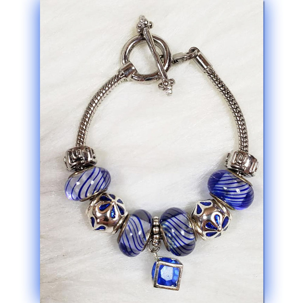 Silver Snake Bracelet With Blue Glass Beads 🤩
